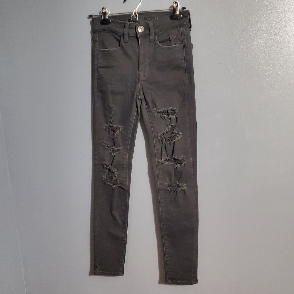 American Eagle Black High Rise Jegging Jeans Distressed Size 00 Short